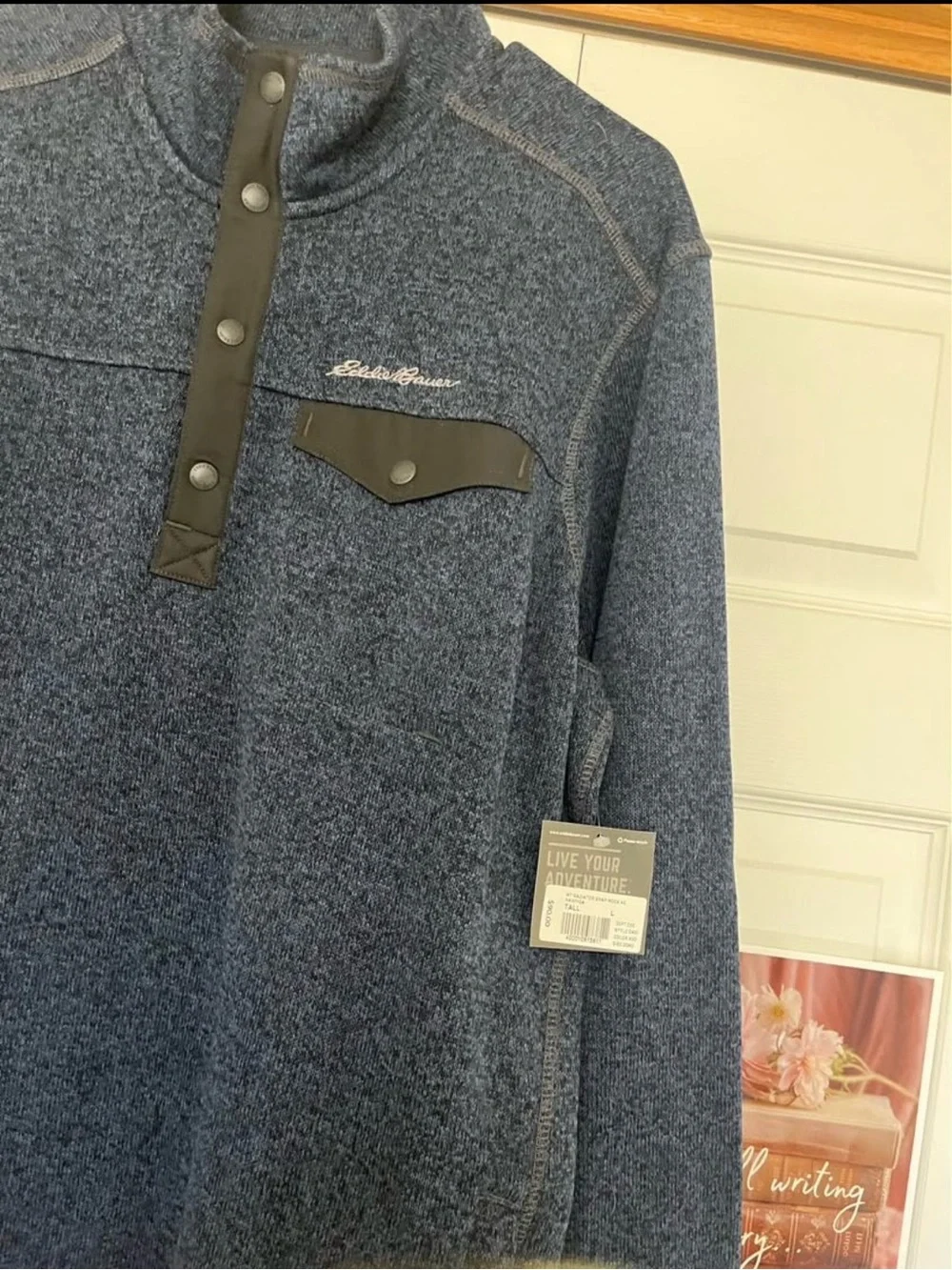 Eddie Bauer Navy Heather Snap-Placket Mock Neck Pullover